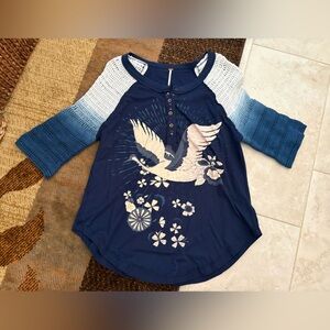 Free People Navy Blue Bird Graphic Raglan Top with Ombre Sleeves
